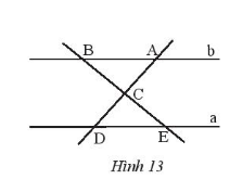 CHƯƠNG 4: GÓC VÀ ĐƯỜNG THẲNG SONG SONGBÀI 3: HAI ĐƯỜNG THẲNG SONG SONG1. DẤU HIỆU NHẬN BIẾT HAI ĐƯỜNG THẲNG SONG SONG Bài 1: Quan sát Hình 3 và dự đoán các đường thẳng nào song song với nhau.Đáp án chuẩn: m//n và a//b Thực hành 1: Tìm các cặp đường thẳng song song trong Hình 5 và giải thíchĐáp án chuẩn: Hình a: a // b vì c cắt a, b và tạo thành một cặp góc so le trong bằng nhauHình b: không có cặp đường thẳng nào song song Hình c: m // n vì p cắt m, n và tạo thành một cặp góc đồng vị bằng nhauThực hành 2: Cho hai đường thẳng phân biệt a và b cùng vuông góc với đường thẳng c tại A và B (Hình 6). Hãy chứng tỏ a//b.Đáp án chuẩn: Vì có một cặp góc đồng vị bằng nhau nên a // b2. TIÊN ĐỀ EUCLID VỀ ĐƯỜNG THẲNG SONG SONG Bài 1: Cho điểm A nằm ngoài đường thẳng a, quan sát cách vẽ đường thẳng b đi qua A và song song với a ở Hình 8.Em hãy dự đoán xem có tất cả bao nhiêu đường thẳng b đi qua A và song song với đường thẳng a.Đáp án chuẩn:1 Thực hành 3: a) Cho tam giác ABC. Hãy nêu cách vẽ đường thẳng a đi qua A và song song với BC, vẽ đường thẳng b đi qua B và song song với AC.b) Có thể vẽ được bao nhiêu đường thẳng a, bao nhiêu đường thẳng b? Vì sao?Đáp án chuẩn: a)b) 1 3. TÍNH CHẤT CỦA HAI ĐƯỜNG THẲNG SONG SONGBài 3: Em hãy:Vẽ hai đường thẳng a và b song song với nhauVẽ đường thẳng c cắt đường thẳng a và b lần lượt tại A và B.a) Chọn và đo một cặp góc so le trong, so sánh cặp góc này.b) Chọn và đo một cặp góc đồng vị, so sánh cặp góc này.Đáp án chuẩn: a) góc A3 =  góc B1 =  60o b) góc A1 = góc B =  60o Thực hành 4: Cho biết m // n và a // b. Tính số đo x,y,z và t của các góc trong hình 12.Đáp án chuẩn: a) x = 135o ; y = 80o)b) z = 120o; t = 90oVận dụng 1: Tìm các cặp góc bằng nhau của hai tam giác ABC và DEC trong Hình 13, biết a // b.Đáp án chuẩn: BAC = CDE; ABC = CED (2 góc so le trong)ACB = DCE (2 góc đối đỉnh)Vận dụng 2: Cho hai đường thẳng a, b song song với nhau, đường thẳng c vuông góc với a tại A và cắt b tại B. Hãy giải thích tại sao đường thẳng c cũng vuông góc với b.Đáp án chuẩn: Vì B1= 90o  c vuông góc với bBÀI TẬP