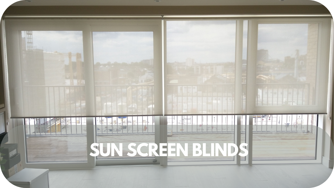 Sunscreen roller blinds for filtered light and UV protection.