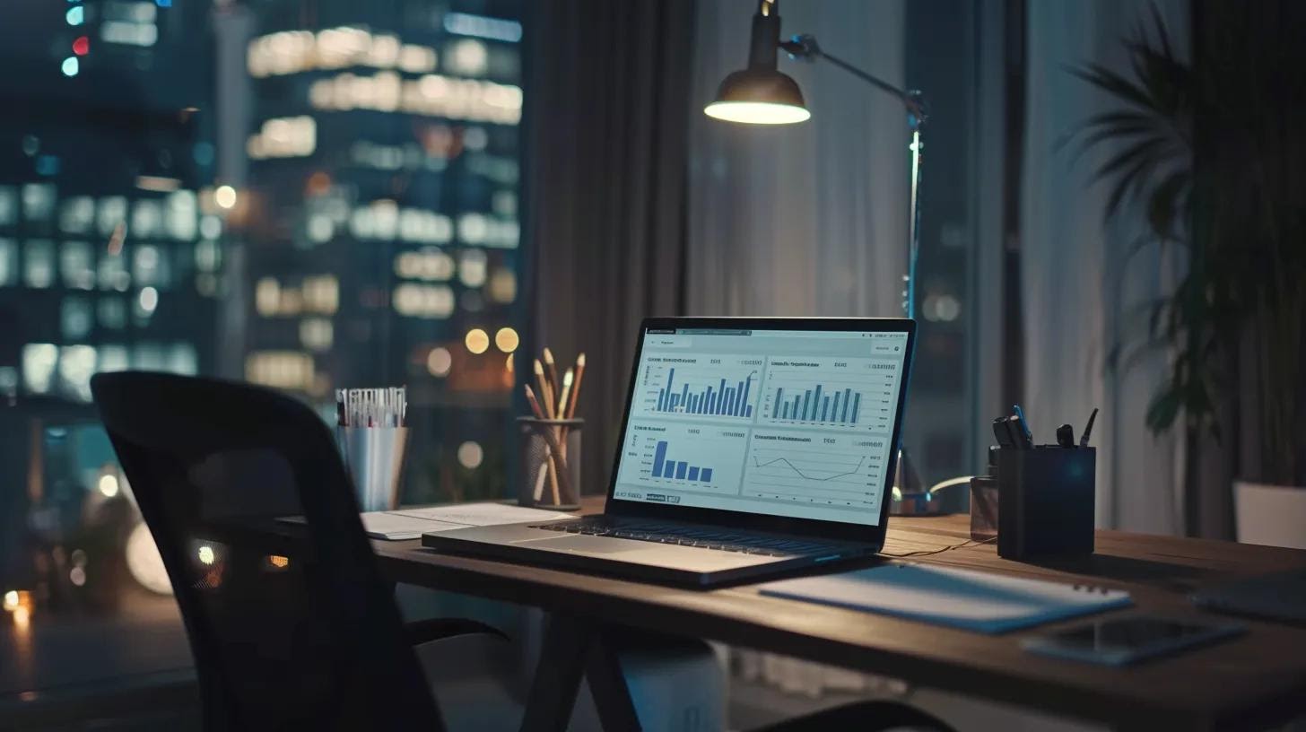 a sleek, modern office workspace featuring an open laptop displaying dynamic analytics dashboards, surrounded by a stylish desk, emphasizing the strategic analysis of search intent performance indicators in a digital marketing context.