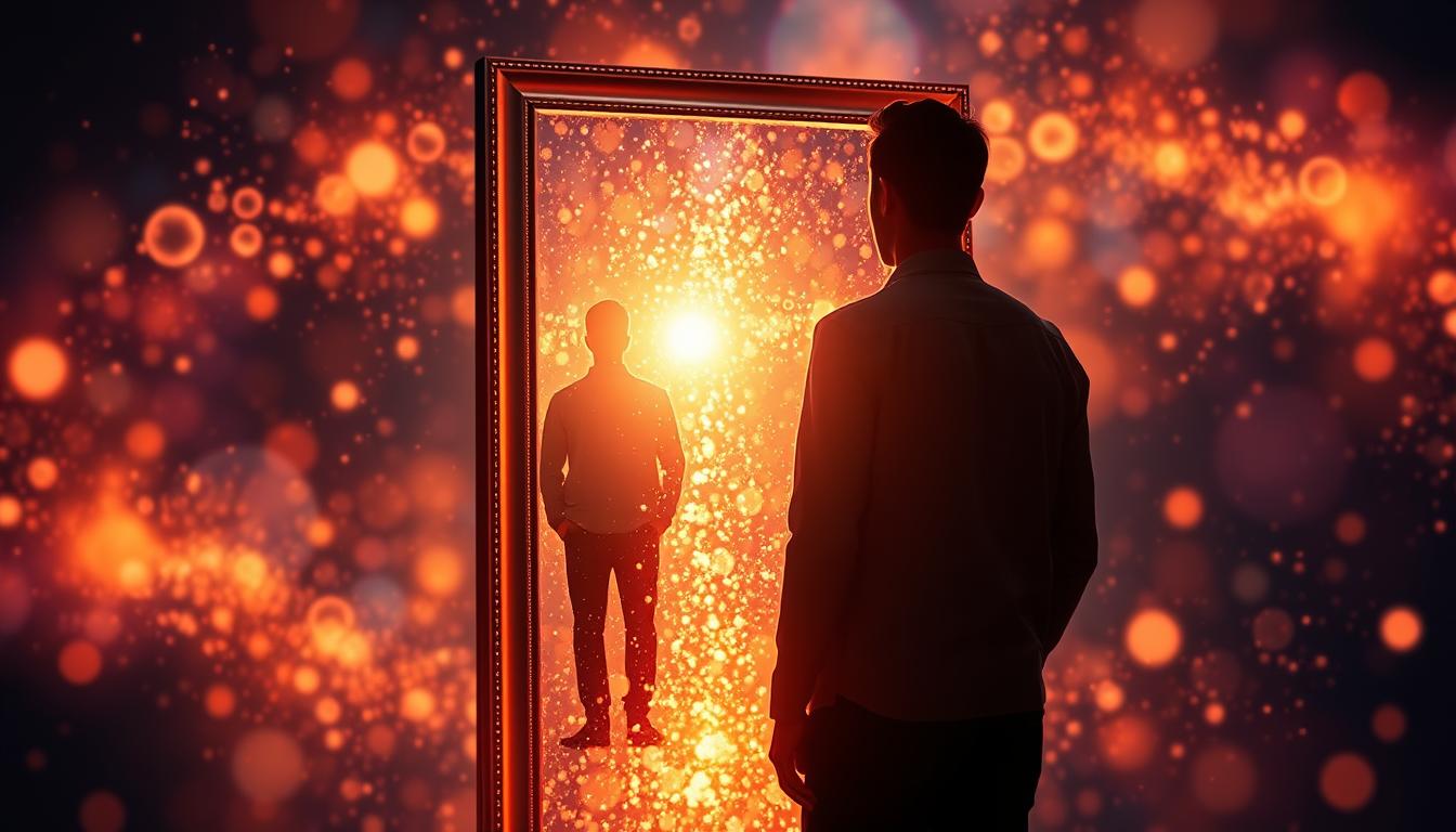 A person standing in front of a mirror, visualizing themselves being reunited with their loved one. The mirror reflects back an image of the two of them happy and in love. The background is filled with glowing, positive energy, symbolizing the power of the law of attraction.