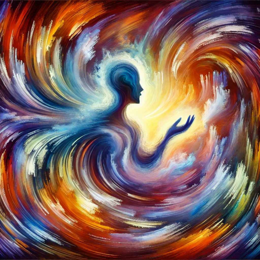 An abstract and dynamic visual representation of transformation, featuring swirling, vibrant colors and shapes that symbolize energy and change. At the center, a figure subtly emerges or evolves, blending with the surrounding colors, representing the feeling of transformation. The overall composition is fluid and powerful, evoking a sense of movement and personal growth.