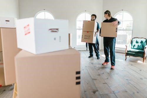 Free Two movers in uniform carrying boxes in a bright, new home setting. Stock Photo