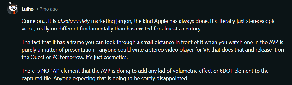 Reddit commenter claiming that Apple Spatial Video is just marketing jargon, and the technology has existed for almost a century