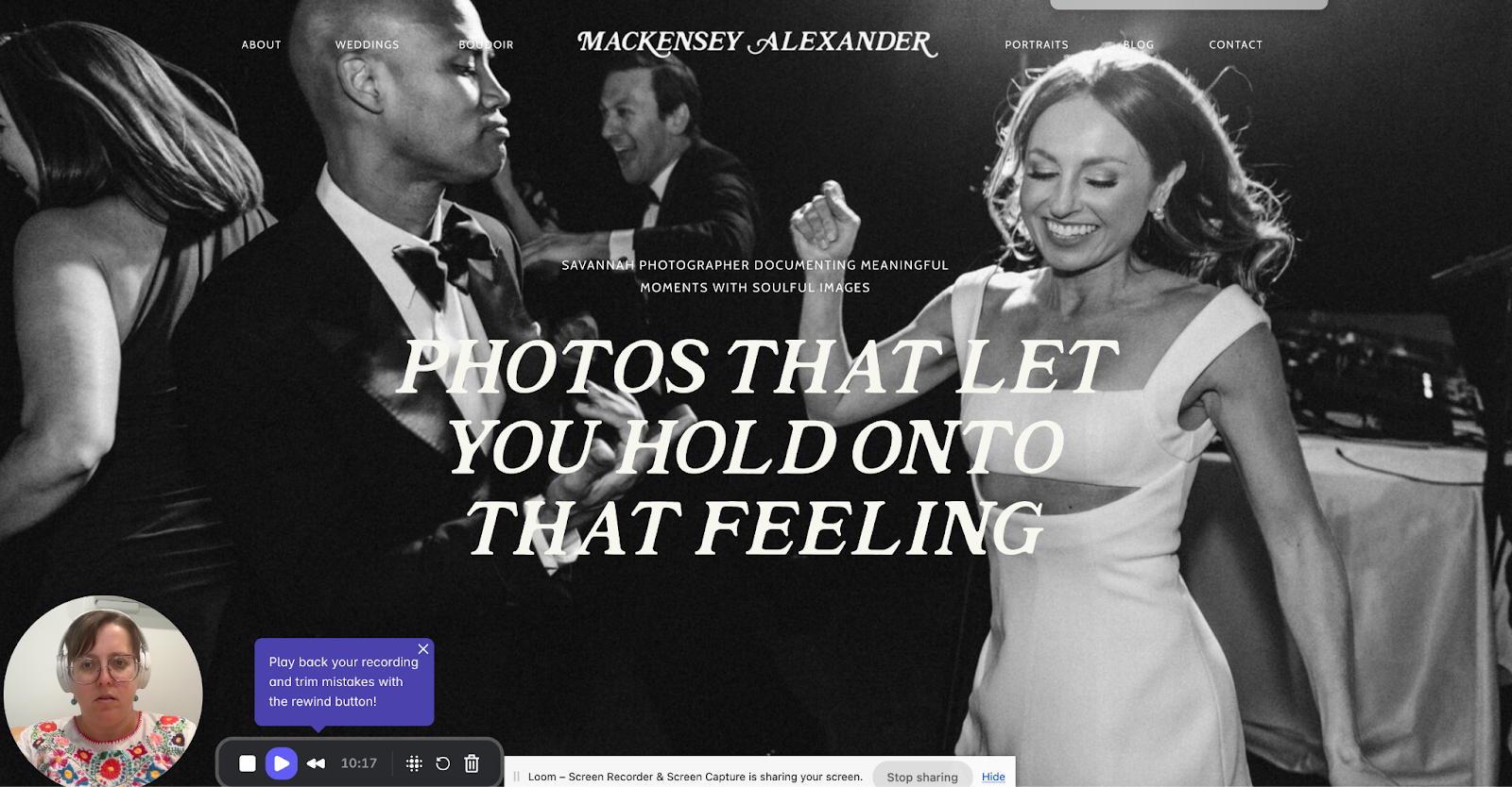 A screenshot shows an example of a Showit website for a wedding photographer.