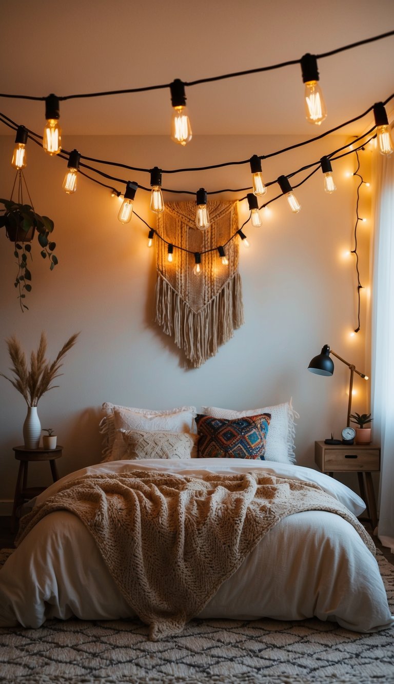 A cozy, eclectic boho bedroom adorned with Edison bulb string lights, creating a warm and inviting atmosphere