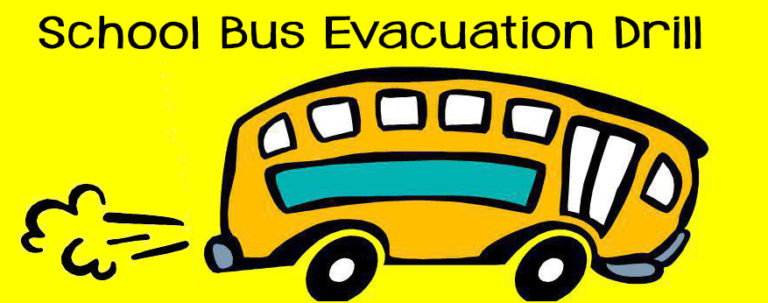 cartoon image of a school bus with text of School Bus Evacuation Drill
