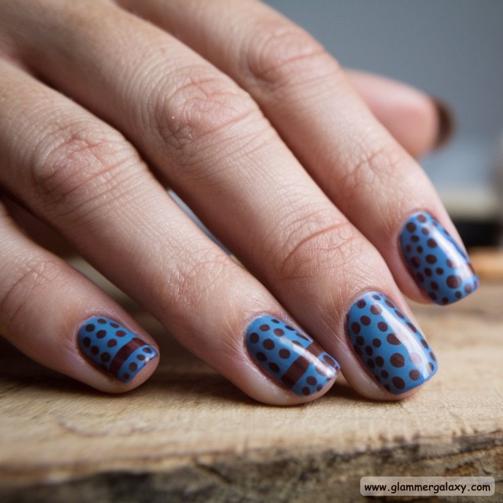 Blue and Brown Nails with Eye-Catching Dot Accents