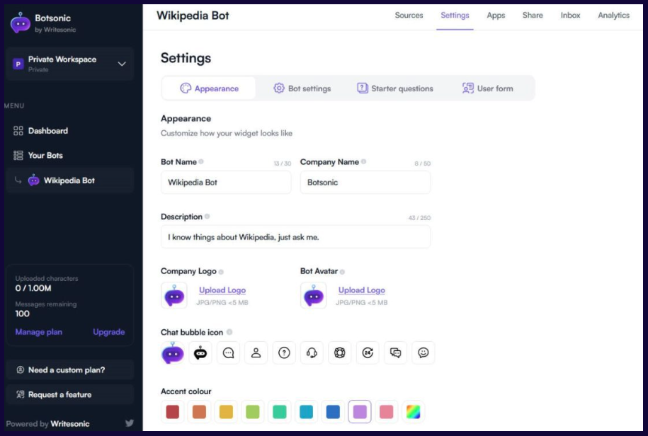 Botsonic's chatbot dashboard