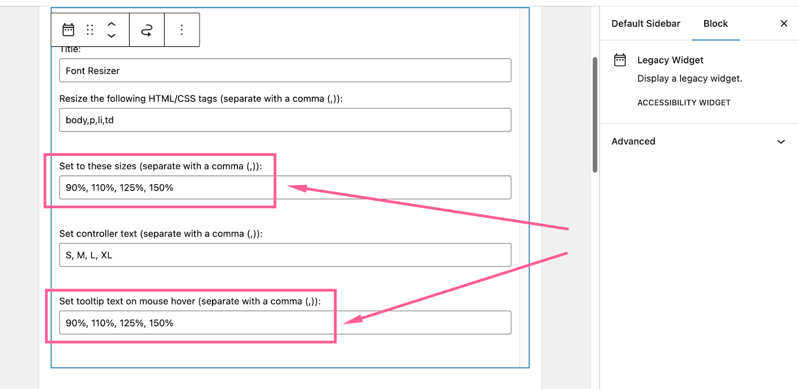 Editando el widget "Accessibility Widget" en WordPress. El usuario está editando el texto que aparece al pasar el mouse por encima de cada uno de los botones de redimensionamiento de fuente