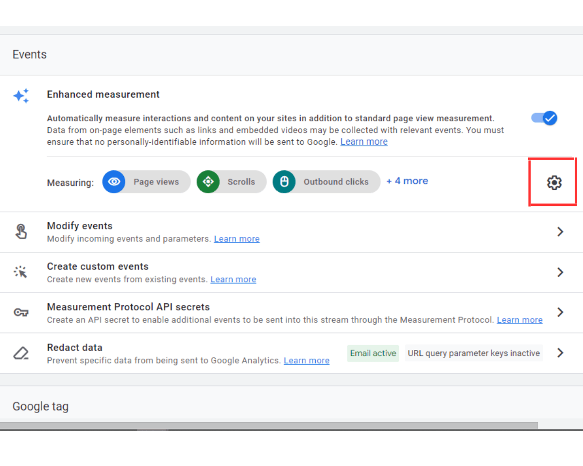 After toggling on Enhanced measurement, click the Enhanced Measurement settings icon