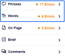 A snapshot of phrases and words suggestions section of creative writing from SEOBoost's Content Optimization feature