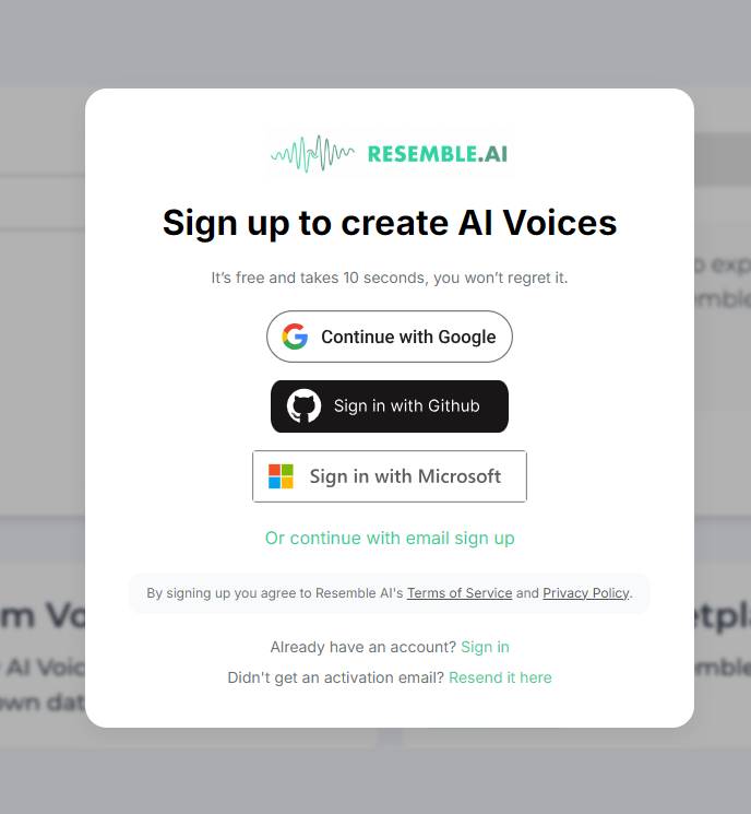 Sign up In Resemble AI