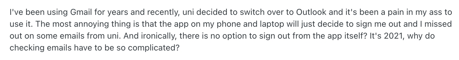 Gmail vs. Outlook user review on Reddit
