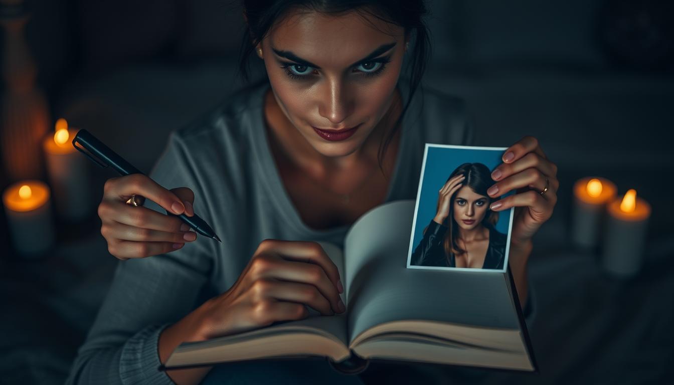 A person sitting in front of a blank journal with a pen in one hand and a photo of their ex in the other. The person has a look of intense focus and determination as they begin to write in the journal, pouring their heart out onto the pages in hopes of manifesting the return of their lost love. In the background, there are candles burning, casting an intimate and peaceful glow over the scene.