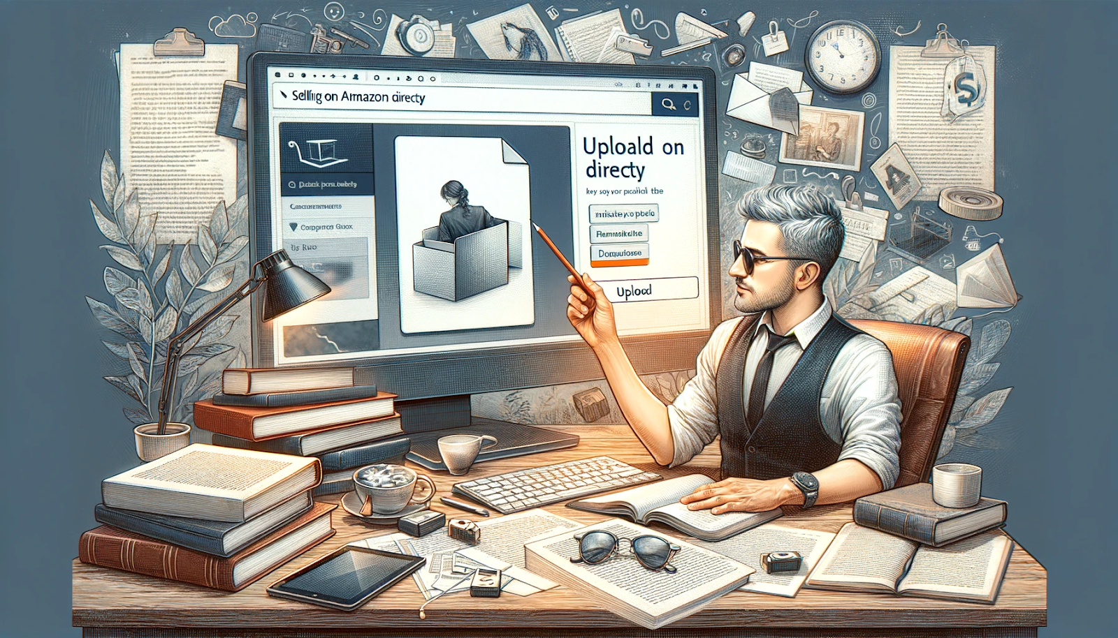 A digital illustration of a well-dressed man with silver hair, glasses, and a vest sitting at a cluttered desk in a study-like environment. He is pointing at a large computer screen displaying an 'Upload on Amazon Directly' interface, with options like 'Download' and 'Permissions.' The screen shows an image of a person inside a box, symbolizing book publishing. The workspace is filled with books, papers, a tablet, coffee cups, glasses, and writing instruments, creating an atmosphere of focused work and creativity.