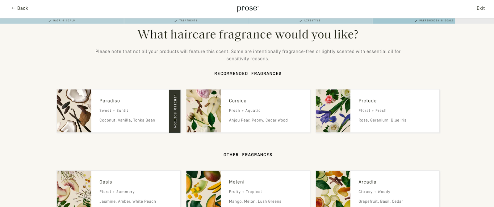 a screenshot of part of the Prose customization quiz, which says "What haircare fragrance would you like?"