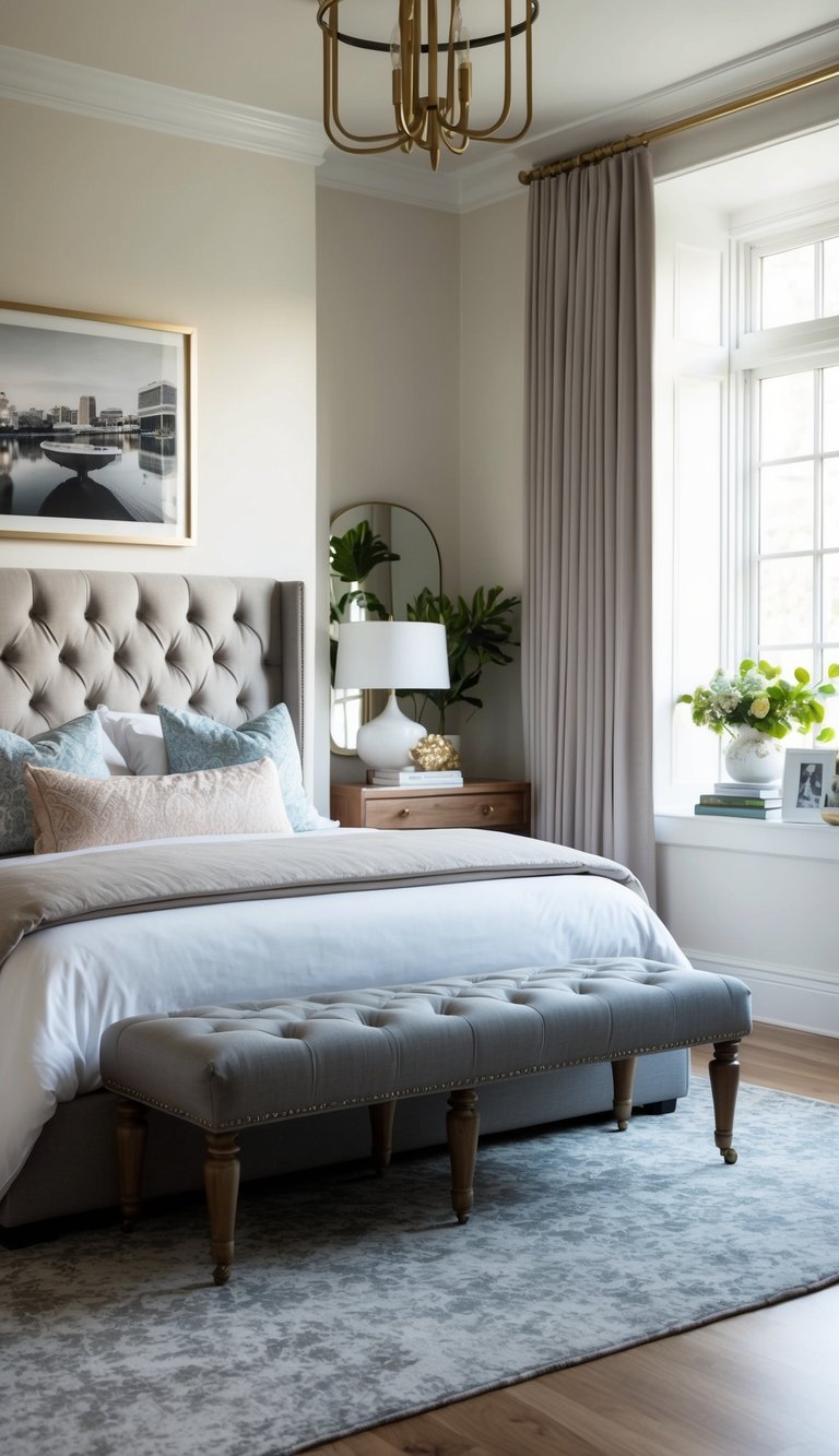 A tufted bench sits at the foot of a bed in a stylish, grown woman's bedroom, surrounded by elegant decor and thoughtful design