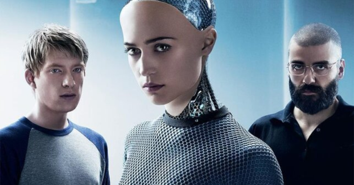 A poster showing a woman's face with circuitry visible beneath her skin, symbolizing the film's discussion of consciousness, morality, and the boundary between humans and machines.