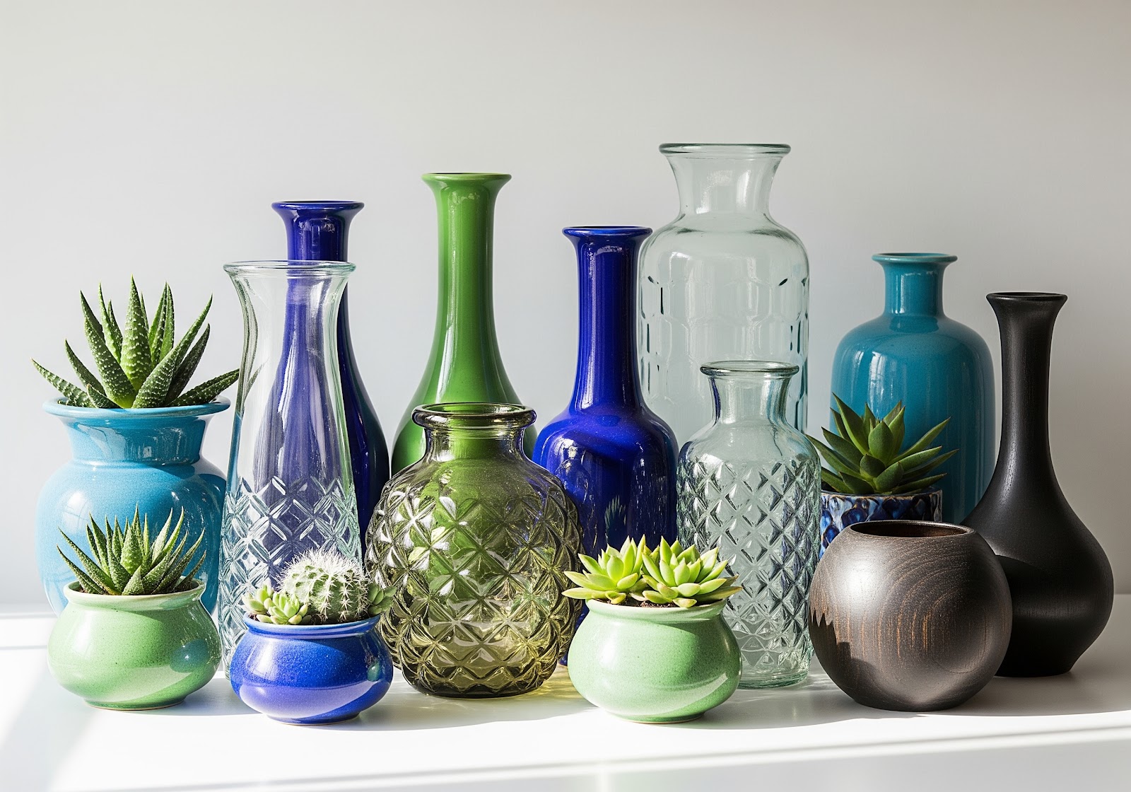 Uma variedade de vasos de diferentes materiais e cores, alguns com pequenas plantas, dispostos de forma decorativa em uma prateleira.