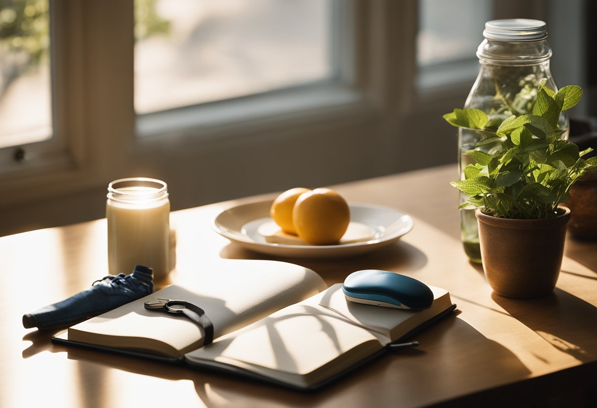 A serene morning scene with a journal, water bottle, running shoes, and healthy snacks on a table. Sunlight streams through a window onto the items