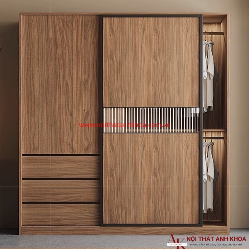 Tủ Quần Áo MDF Màu Óc Chó Phối Cánh Kính