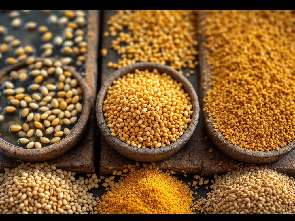 A photorealistic shot capturing the malting process stages: barley grains soaking in water, germinating grains on a malting floor, and kilned malt in various shades