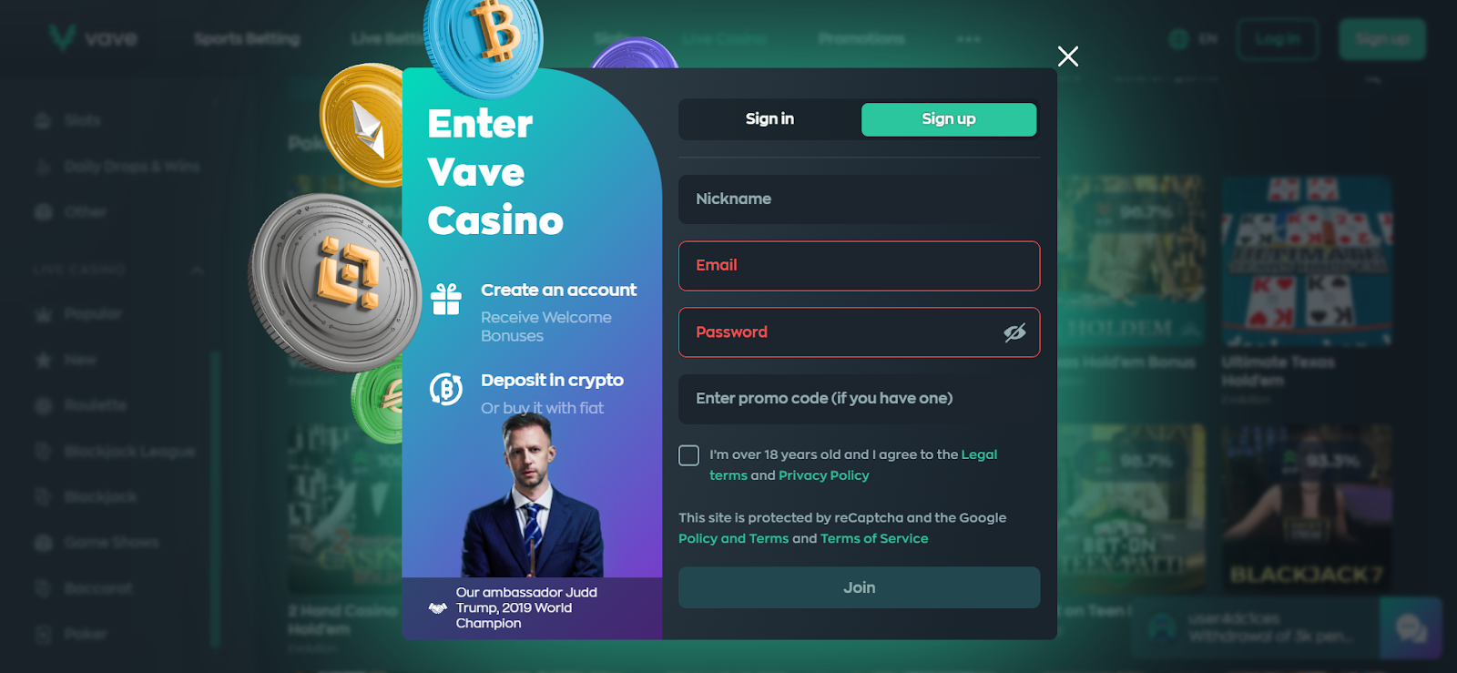 vave casino sign up