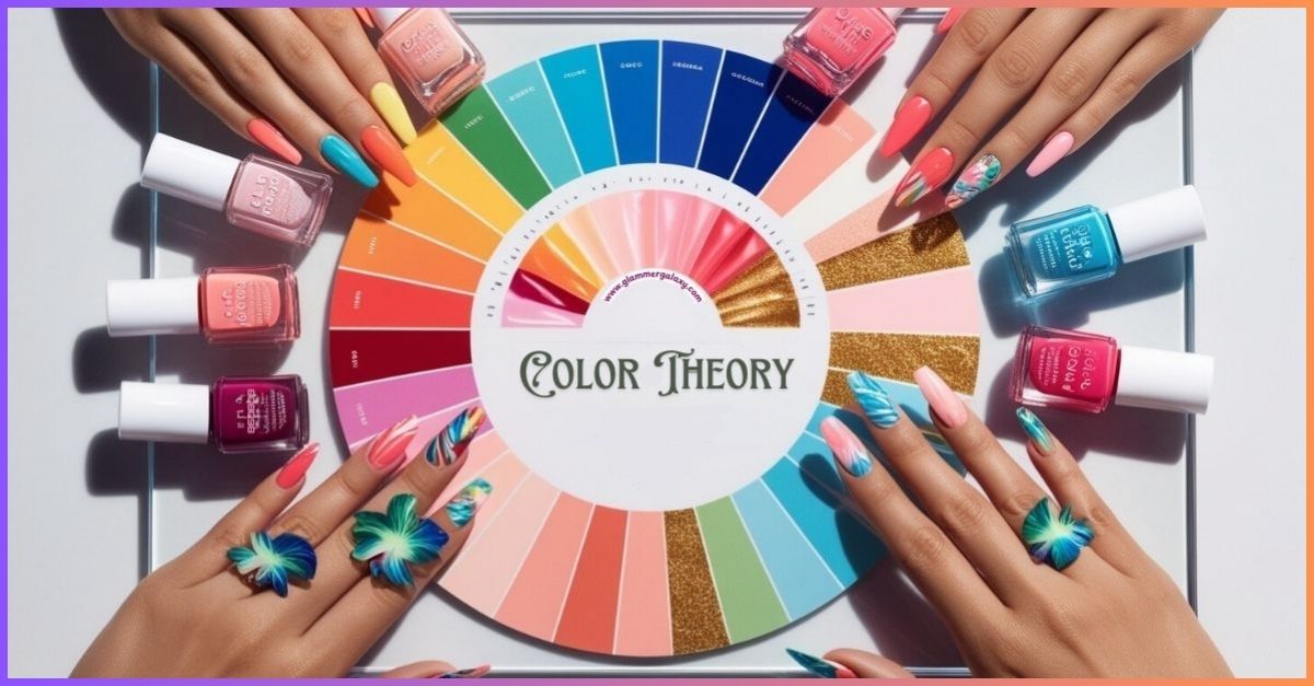 Color wheel surrounded by hands with tropical nail art, showcasing vibrant and diverse color combinations.