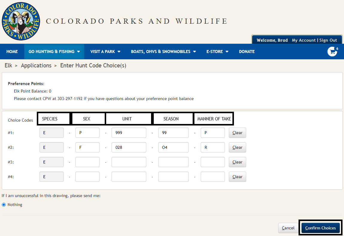 Elk application hunt code page with the preference point code (E-P-999-99-P) entered as a first choice and hunt code E-F-028-O4-R entered as a second choice. Third and fourth choice options are left blank