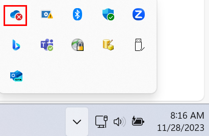 OneDrive icon in taskbar with a red X