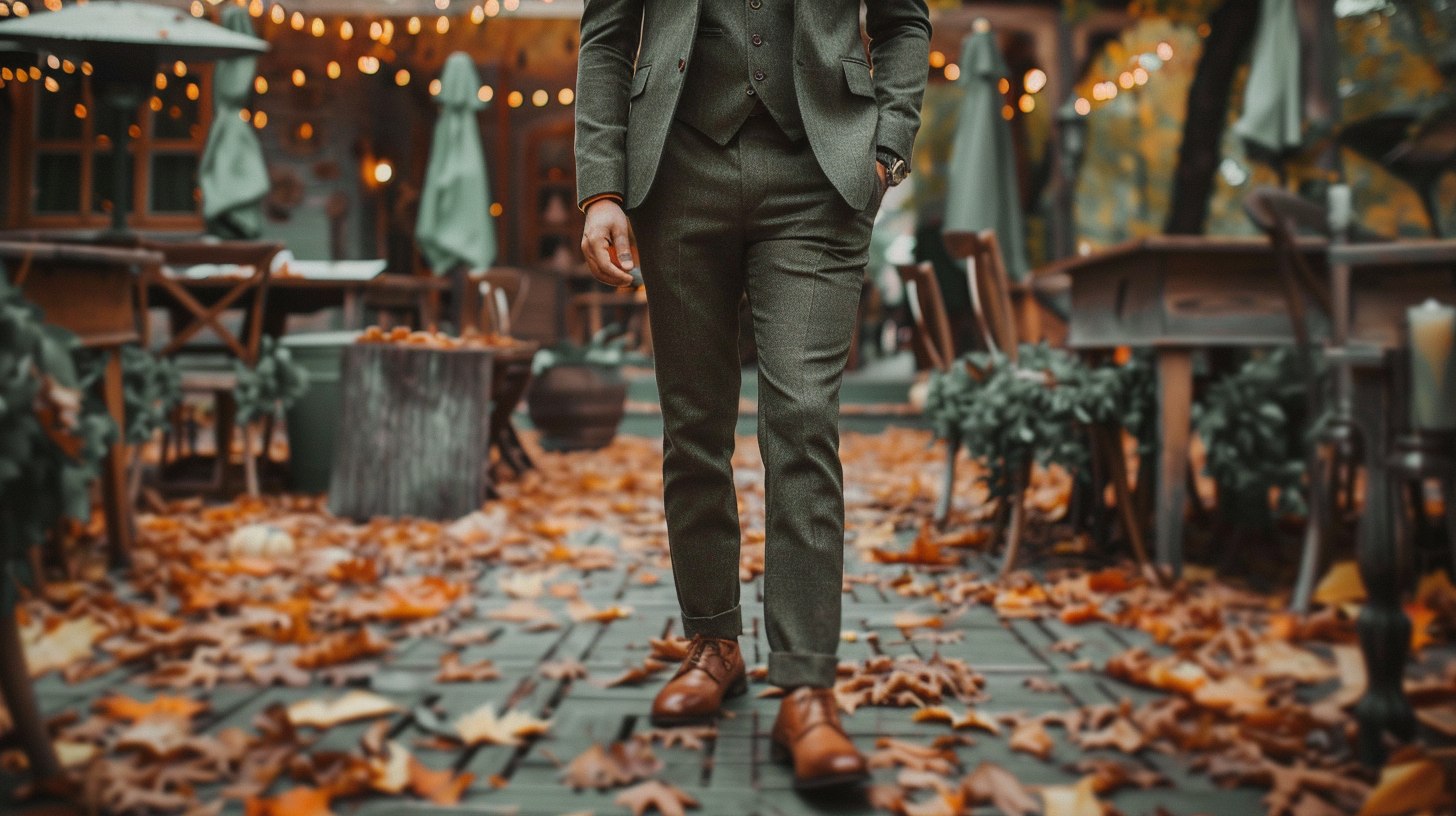 A stylish man dressed in a green fall suit, brown shoes, and a warm-toned tie, attending a rustic outdoor autumn wedding with fallen leaves and wooden decor around, natural light and warm tones