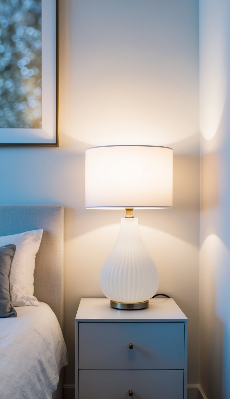 A frosted glass white lamp illuminates a serene white bedroom with minimalist decor and soft, inviting textures