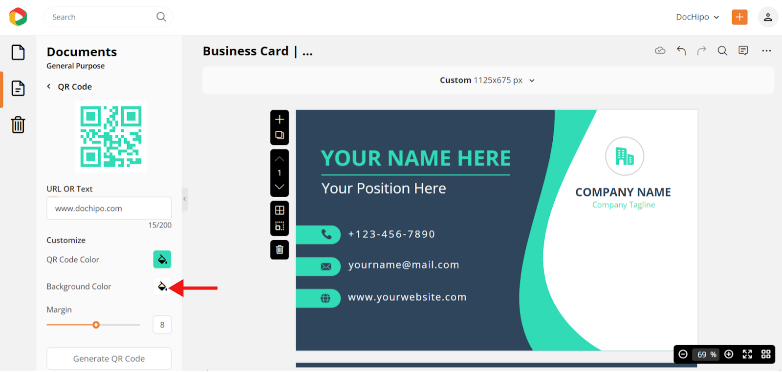 customize the colors of the QR code in the business card in the editor