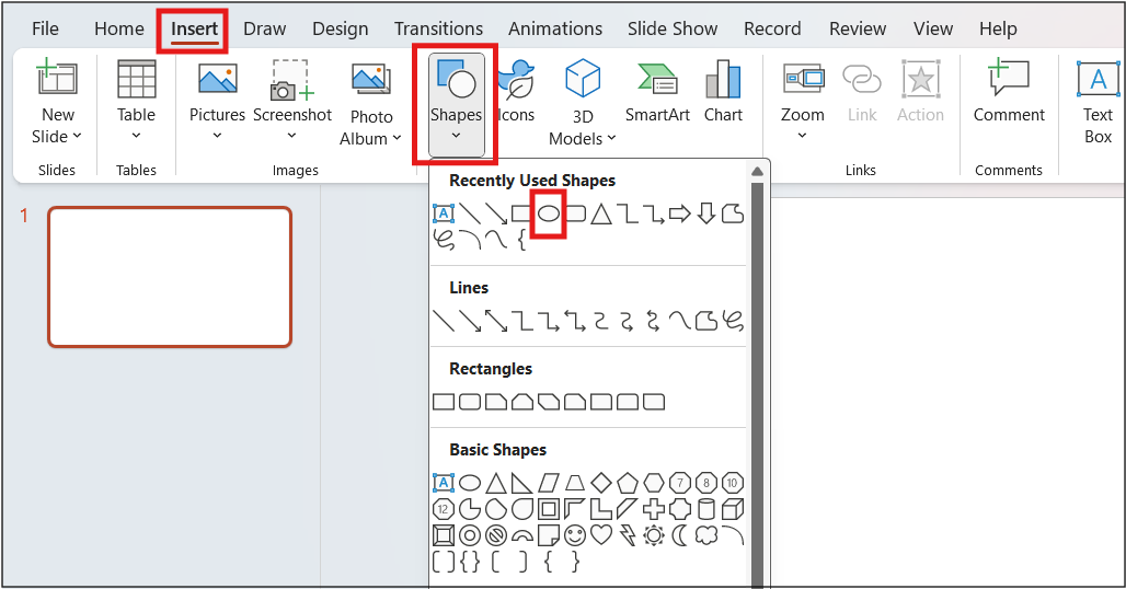 Insert > Shapes >Oval Options are highlighted in the PowerPoint interface.