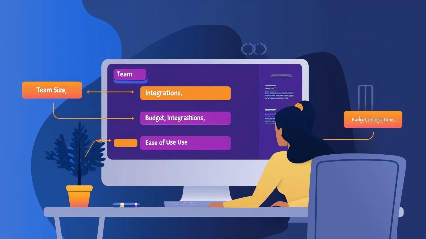 A stylized decision-making flowchart or checklist on a desktop screen, with highlighted decision points like “Team Size,” “Budget,” “Integrations,” and “Ease of Use”—simple and visually organized.
