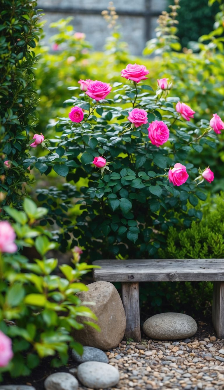 A lush garden corner with a vibrant Heritage Rose bush, surrounded by carefully placed stones and a rustic wooden bench