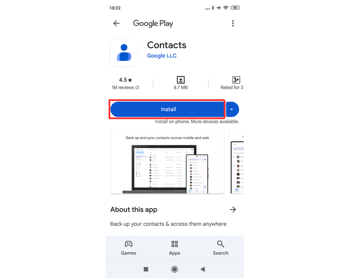 How to find contacts in Gmail on mobile:  Click Install when directed to Google Play Store