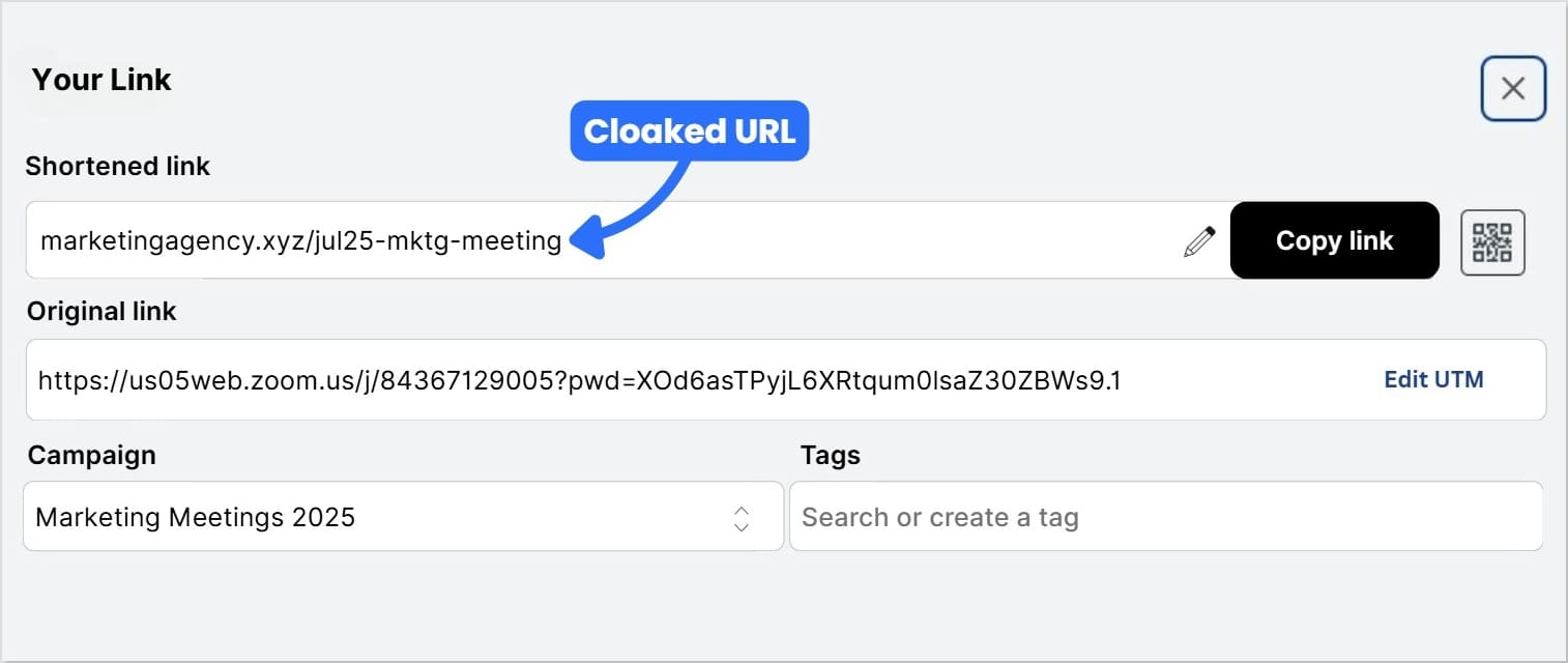 Create Zoom meeting cloaked URL
