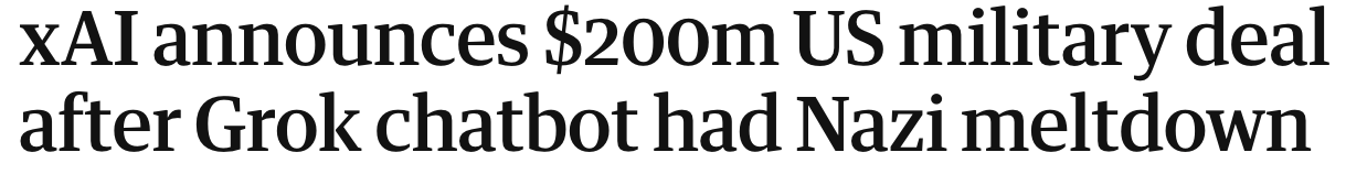 headline: xAI announces $200m US military deal after Grok chatbot had Nazi meltdown