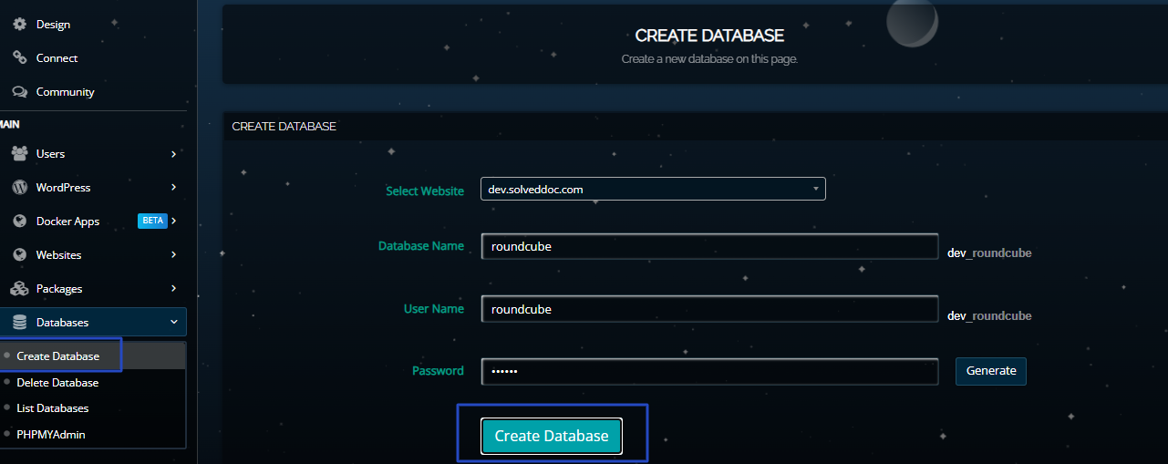 cyberpanel create database