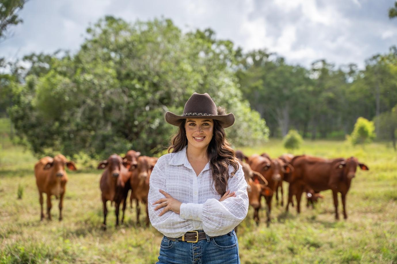 A person in a cowboy hat standing in front of a herd of cows</p>
<p>Description automatically generated