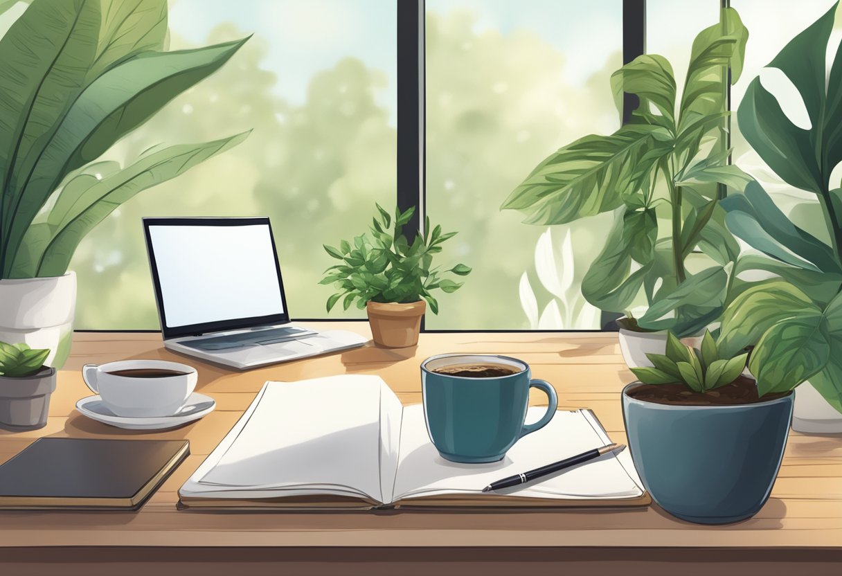 A cozy desk with a pen, notebook, and a steaming cup of coffee, surrounded by plants and natural light