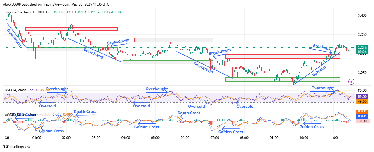 TON/USDT M-1 Chart, Analyzed by Alokkp0608, published on May 30th, 2025.