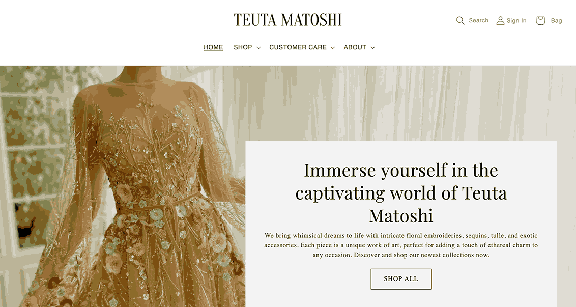 A screenshot of Teutamatoshi homepage as one of the fashion brands looking for influencers