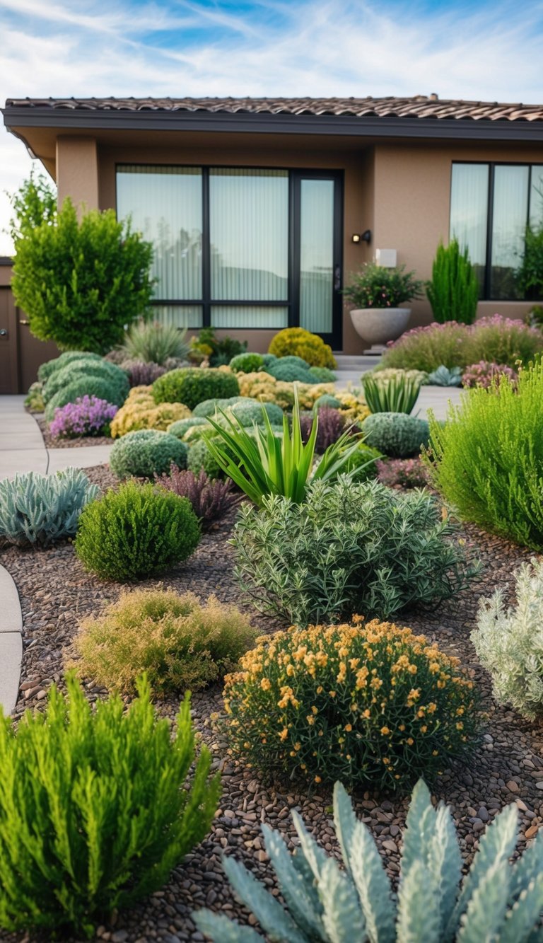 A front yard filled with a variety of drought-resistant shrubs and plants, arranged in a visually appealing and sustainable landscape design