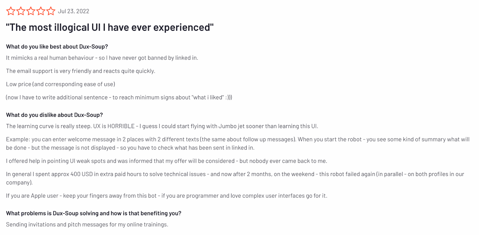 Negative customer review for Dux-Soup