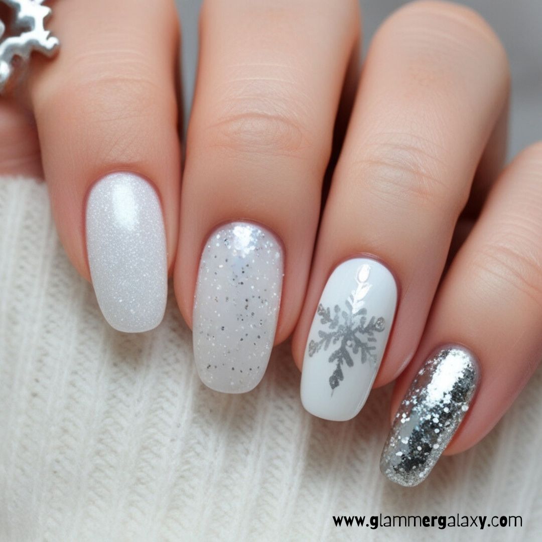 Cute Winter Nails having Milky White Sparkle
