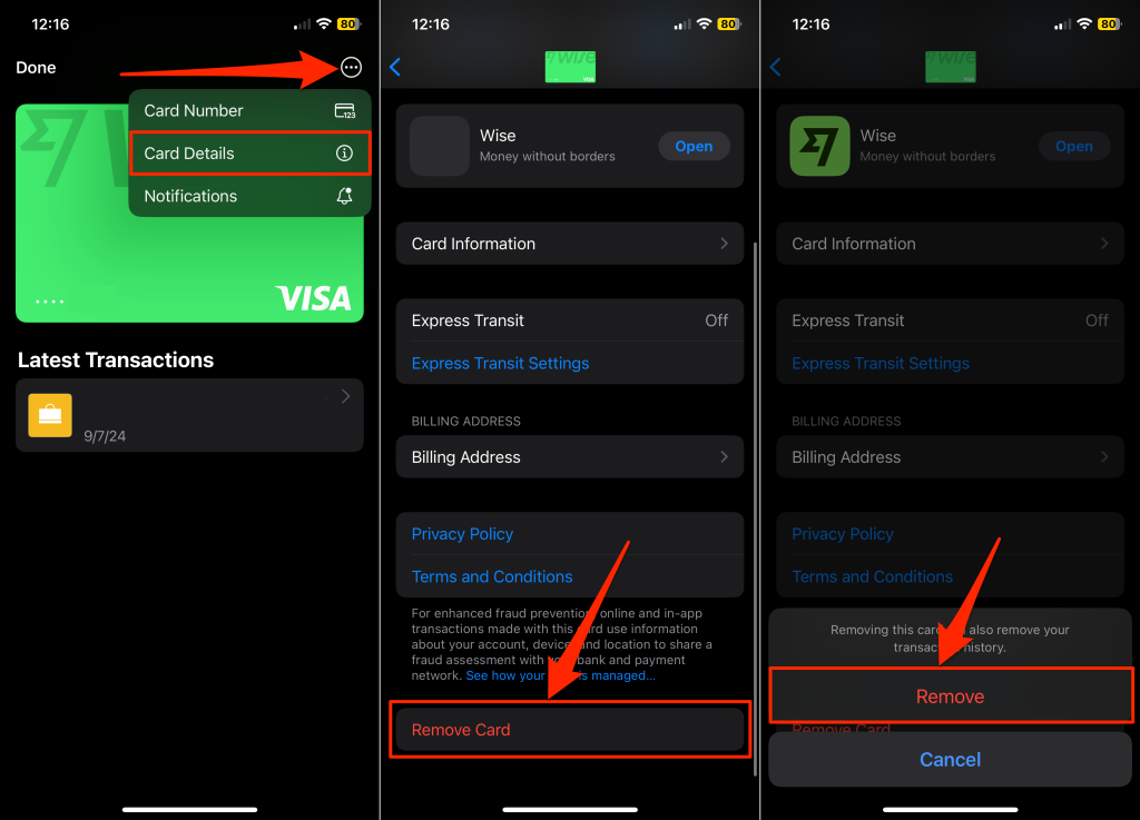 Steps to delete payment card in the iPhone Wallet app