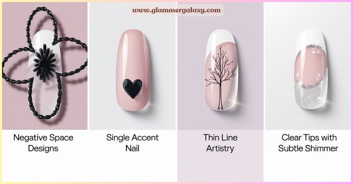 Four minimalist French tip nail designs featuring negative space, a single accent, thin lines, and clear shimmery tips.