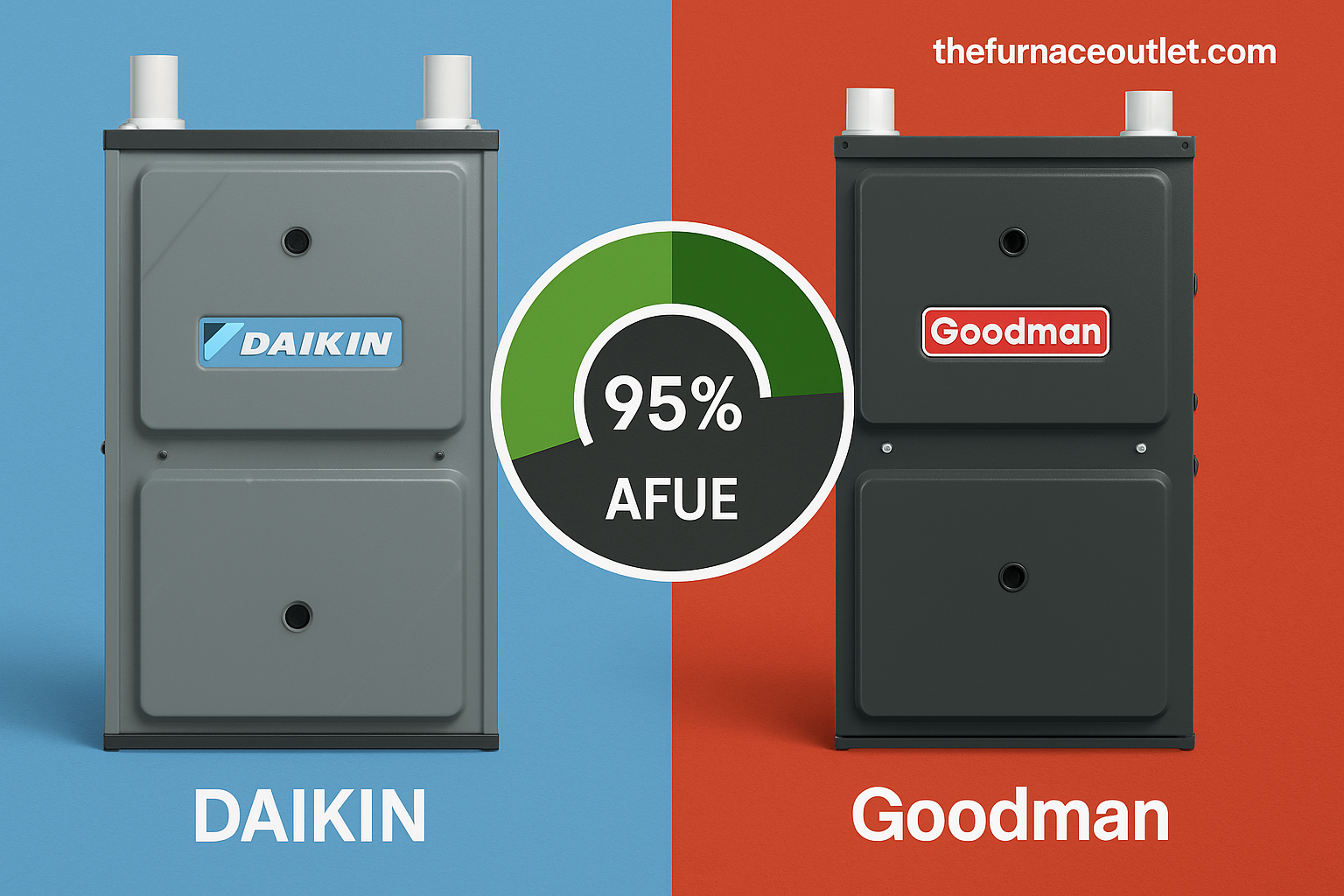 Comparison of Daikin and Goodman high-efficiency furnaces on blue and red backgrounds with a 95% AFUE rating graphic, promoting energy-saving benefits from The Furnace Outlet